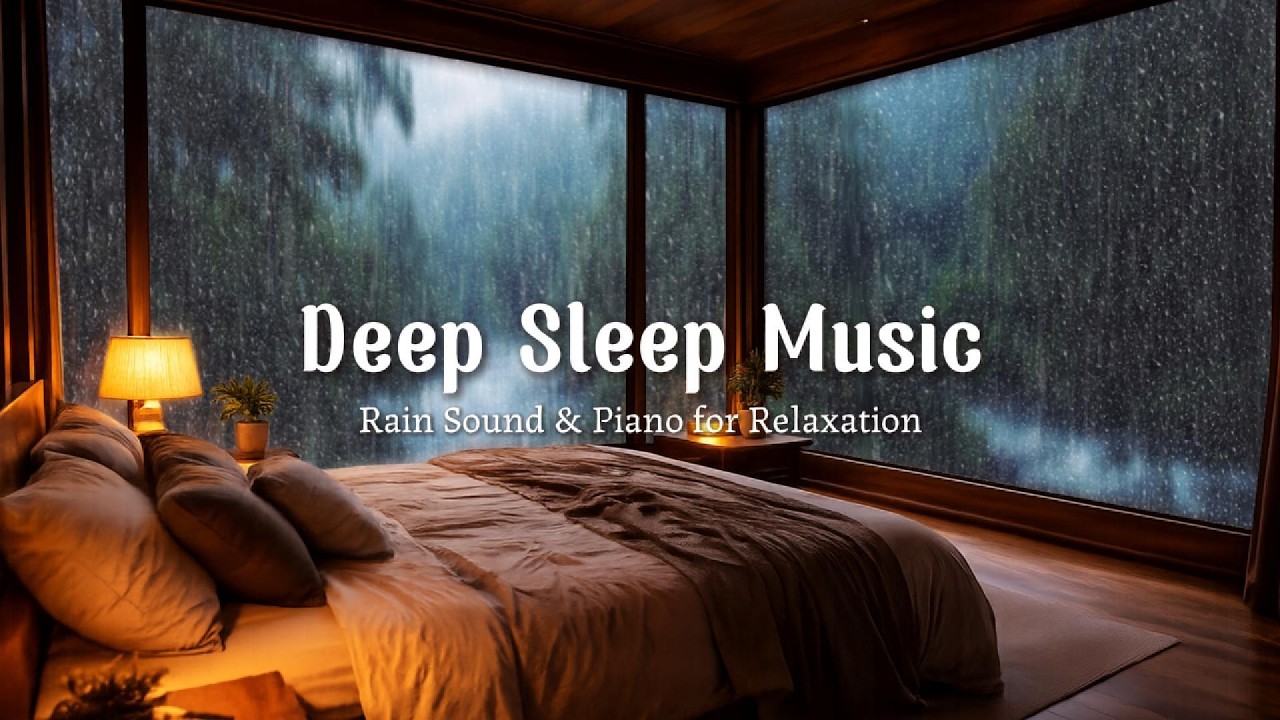 Soft Piano Music with Tropical Rainforest Rain | Cozy Cabin Desk for Study, Relax & Sleep