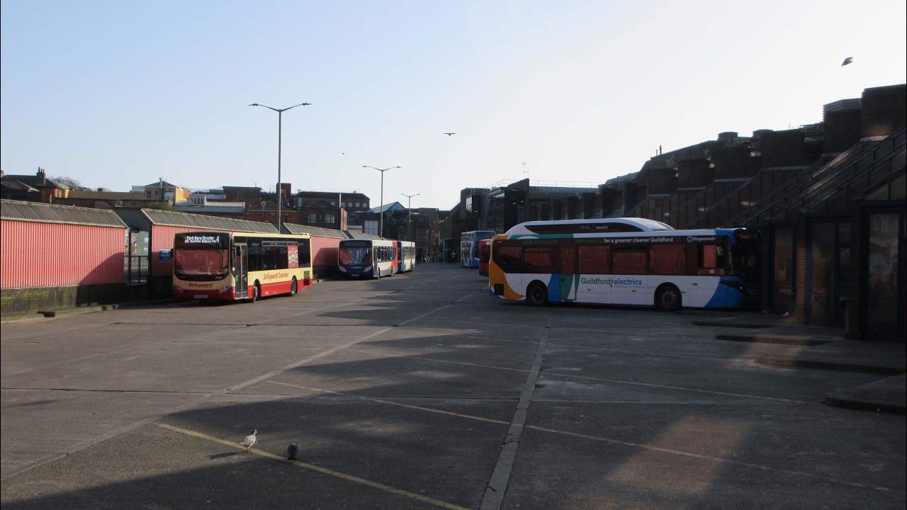 Buses In Guildford, Surrey, Town Centre, February 2026.