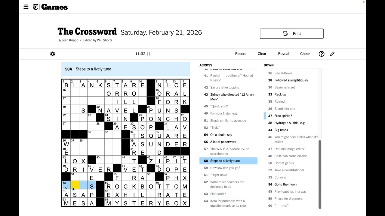New York Times Crossword Solve - Saturday Feb 21 2026