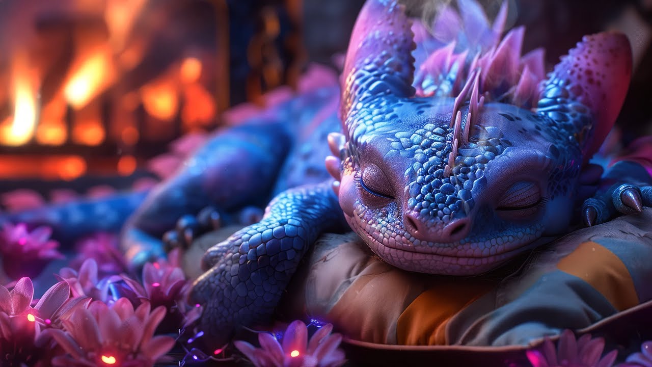 Cozy Cabin Ambience with a Crackling Log Fire & Flower-Loving Dragon 🌸🔥