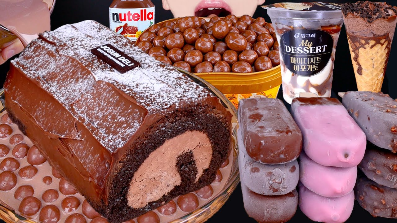 ASMR CHOCOLATE ROLL CAKE MALTESERS ICE CREAM NUTELLA DESSERT MUKBANG 초콜릿 먹방 チョコレート 咀嚼音 EATING SOUNDS