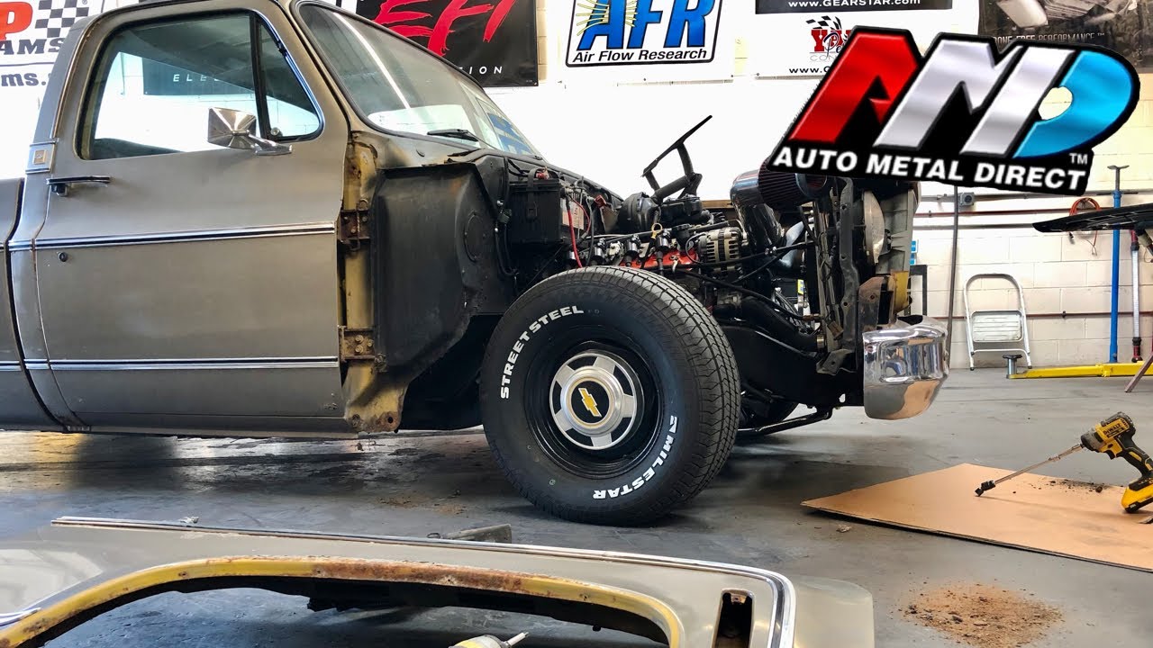 Squarebody C10 gets new fender, hood and wheel wells.