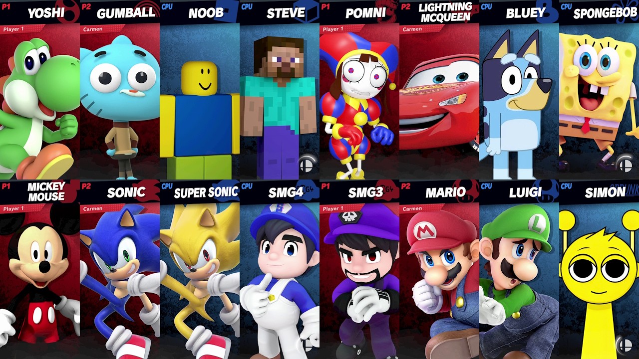 Sonic vs Mario vs Roblox vs Minecraft vs Car vs Bluey vs SpongeBob vs Mickey vs Steve | Smash Bros