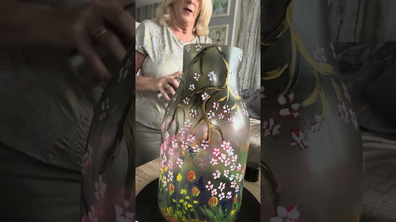 Completed acrylic vase glass painting varnish flowers #acrylicpainting #flowers 