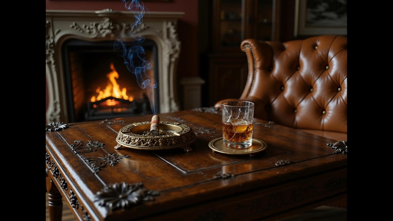 Relaxing Cigar Lounge Ambience 4K 🔥 Cozy Fireplace & Soft Piano Music (1 Hour)