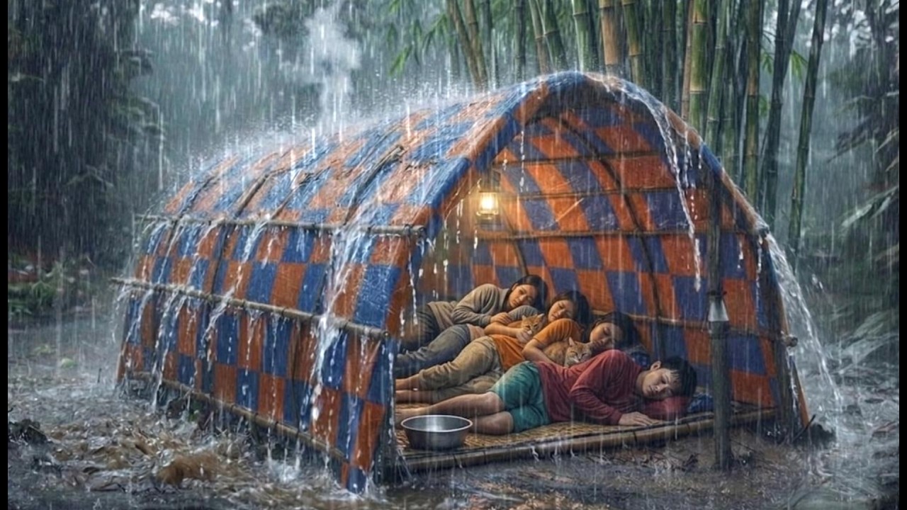 CAMPING DURING HEAVY RAIN WITH THE CRAZIEST THUNDER // build a place from bamboo to cook shrimp fish