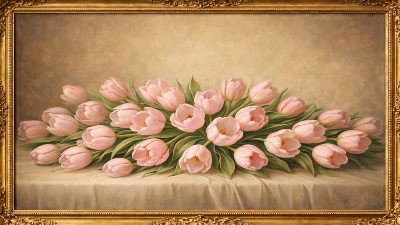 Pink Tulips Still Life Oil Painting • 4K Frame TV Art for Elegant Home Decor