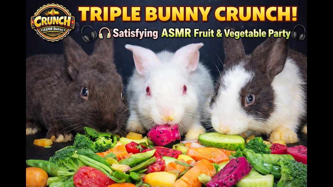 Triple Bunny Crunch! 🎧 Satisfying ASMR Fruit & Ve | ASMR Bunny Eating: Satisfying Pet Sounds