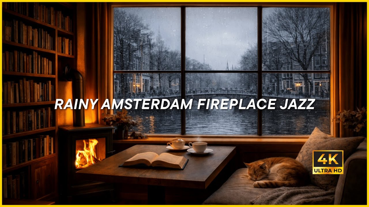 RAINY AMSTERDAM FIREPLACE JAZZ (4K) | Cozy Canal Ambience, Warm Jazz for Relaxation, Focus & Sleep