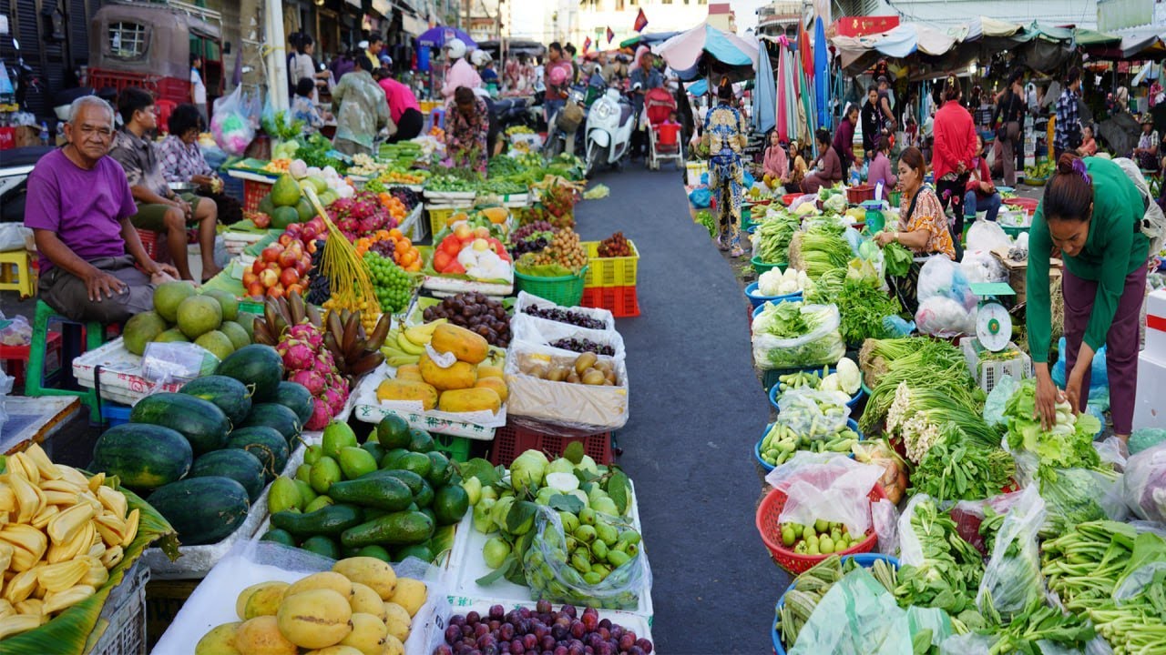 Cambodian Town Food Market Scene – Fresh Fruit, Vegetable, Fish & More Food In Cambodian Market