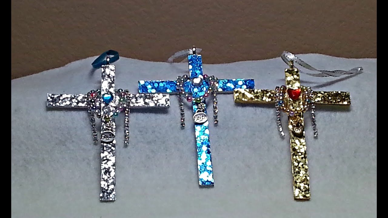 DIY~Make Beautiful Sparkly Cross Ornaments With Sticks, Paper & Pearls!