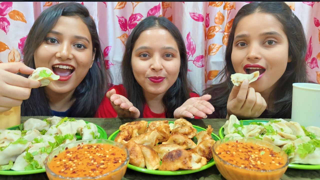 Steamed Momos And Fried Momos With Spicy Cheesy Sauce Eating Challenge