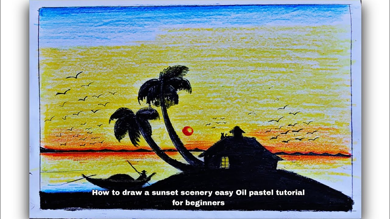 How to draw a sunset scenery easy oil pastel tutorial for beginners 