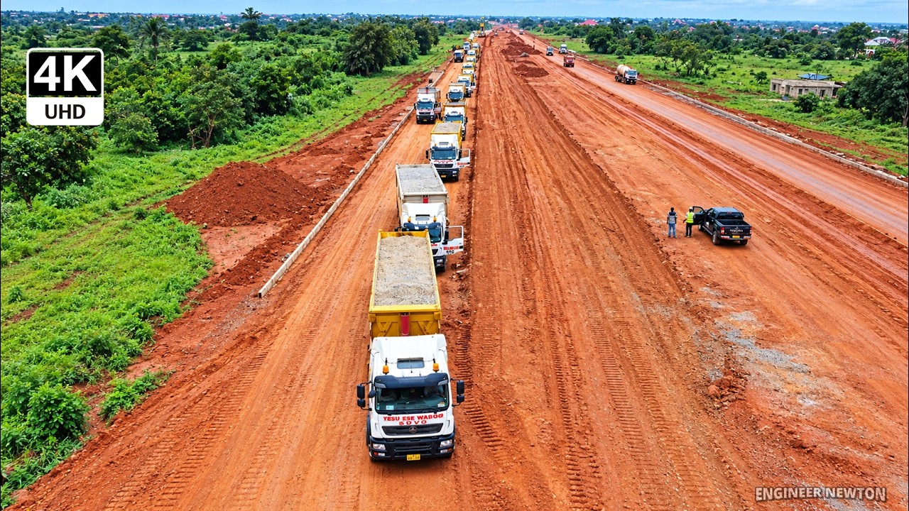 0-40 Crushed Stone Trucks Line Up and Drainage Works Progress on Sunyani Outer Ring Road 4K