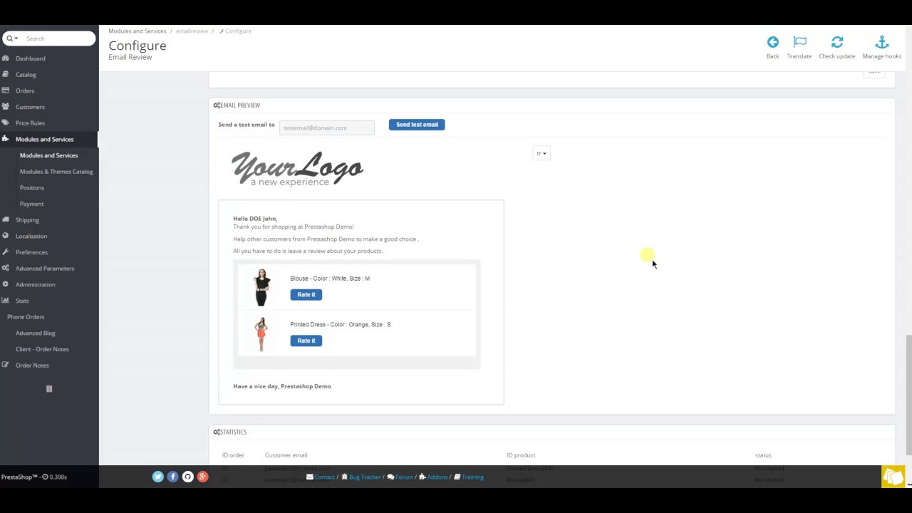 Prestashop email review after order