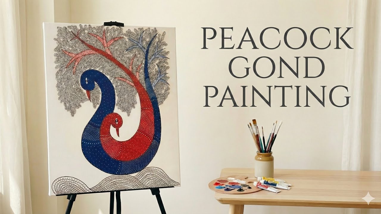 Detailed process of peacock gond art painting🌳 🦚