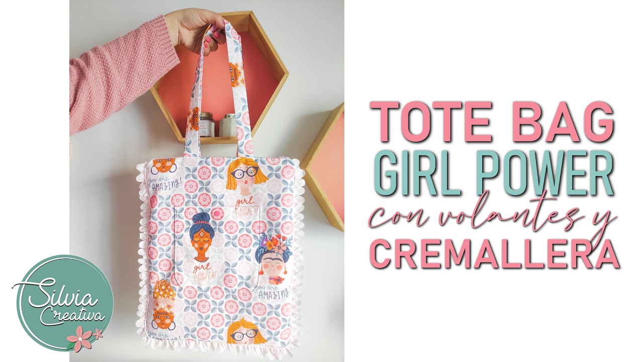 Tote bag GIRL POWER - Coser bolsa de tela con bolsillo, volantes y cremallera