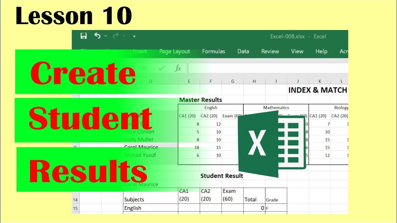 Using Index and match in Excel to create students result - part 2