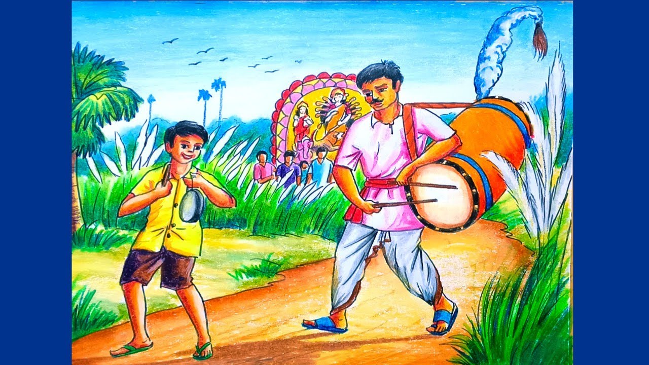 Durga puja scenery drawing step by step/Durga puja festival drawing/Durga puja drawing colour 