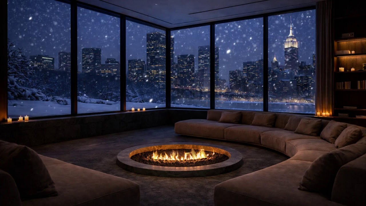 Study & Relax Jazz 🎷 Snowy City Fireplace Live