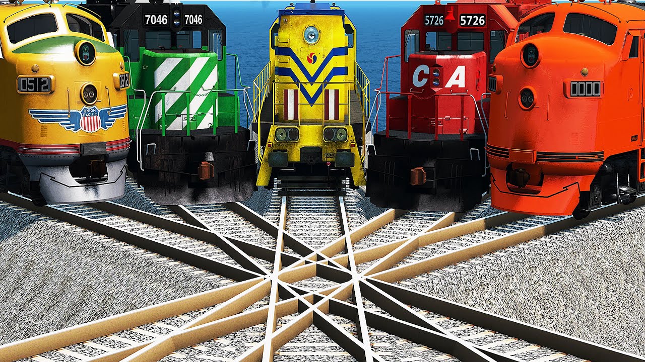 12 Trains vs Impossible Crossing Tracks vs Deepwater - BeamNG.Drive