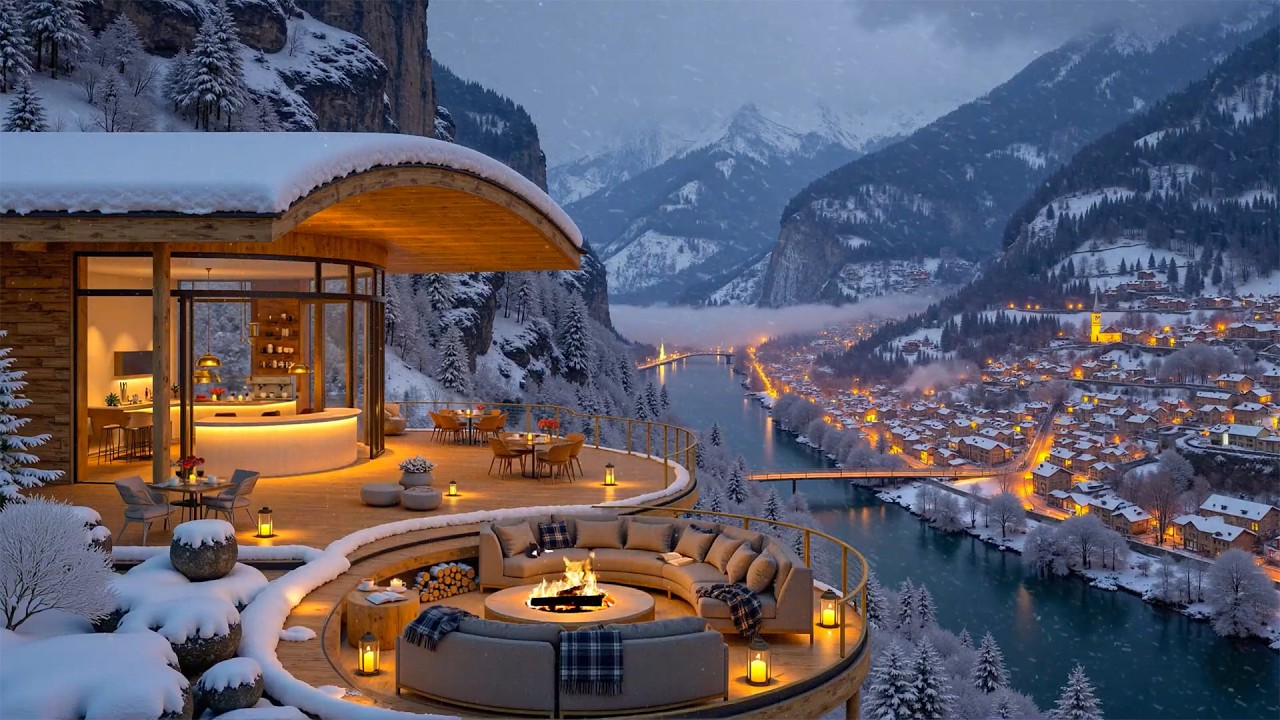Snowy Mountain Riverside Winter Retreat ❄️Cozy Luxury Jazz by the Fireplace | Relaxing Jazz Playlist