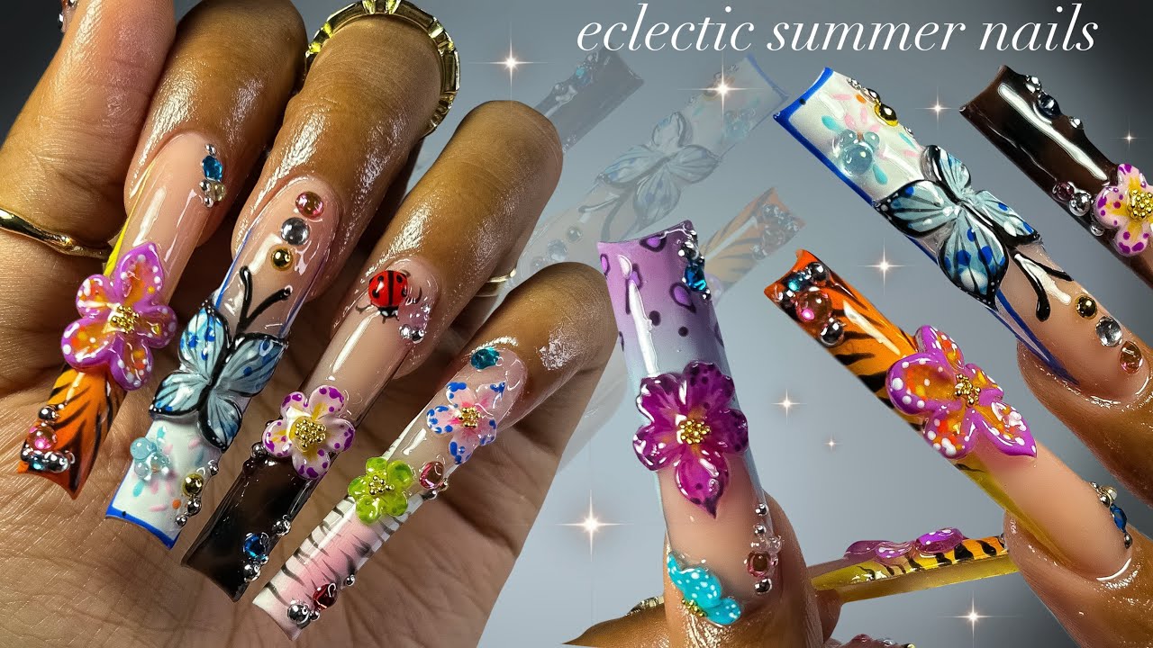 Eclectic Summer Nails!🌺🐆🦋| real-time acrylic application + intricate nail art!✨