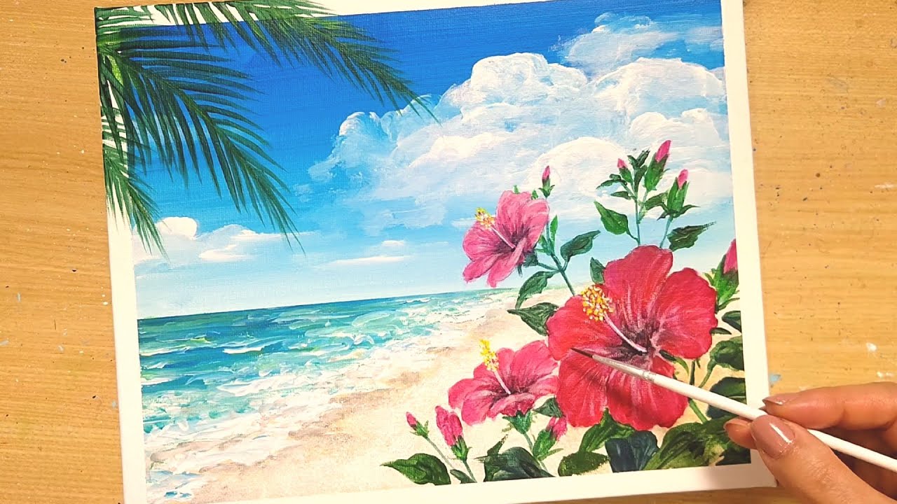 アクリル絵の具で【夏の海とハイビスカス】を描く方法/初心者のための簡単なアクリル画/Step by step