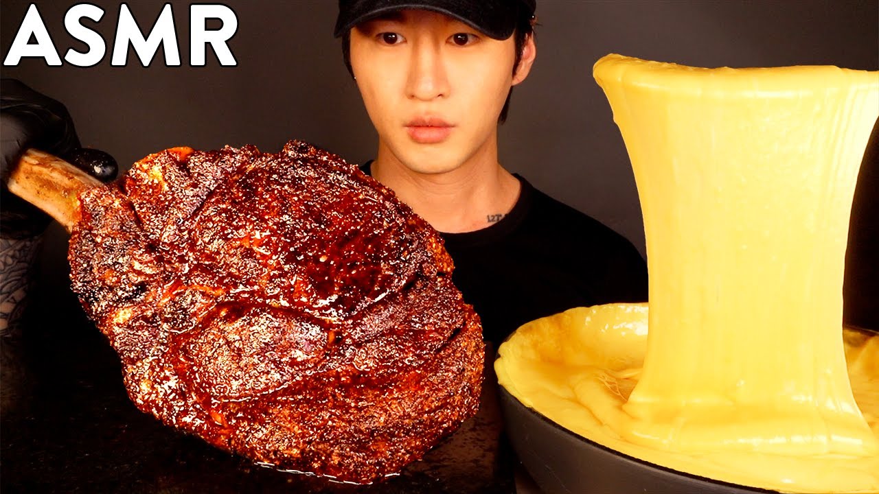 ASMR TOMAHAWK STEAK & STRETCHY CHEESE FONDUE MUKBANG (No Talking) COOKING & EATING SOUNDS