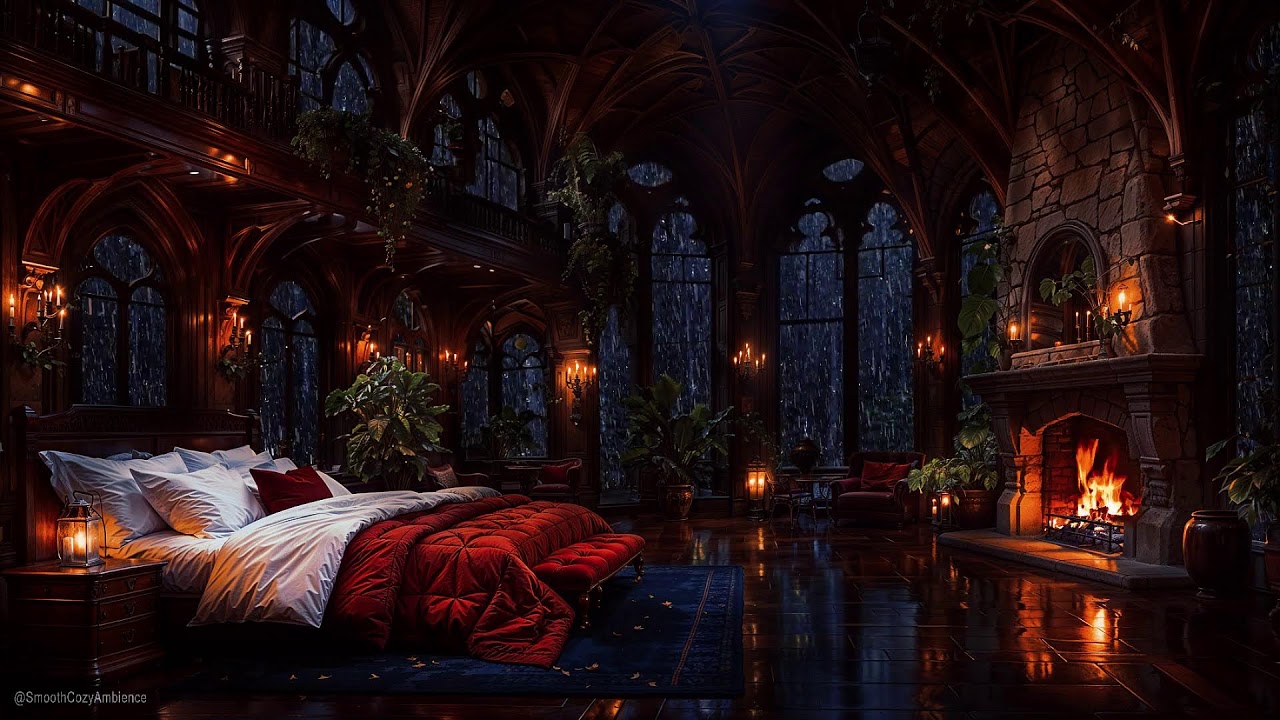 Cozy Castle Rain,Thunderstrom & Fireplace Ambience - Gothic Bedroom