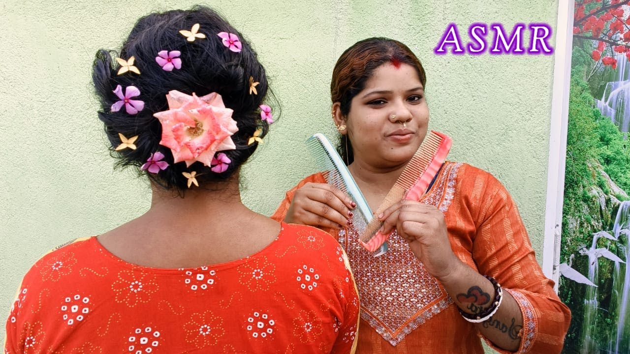 ASMR~ Doing My Elder Sister Indian Local Festival Hair Binding Style (Tutorials) @asmrsangi7044 🪮👧❤️