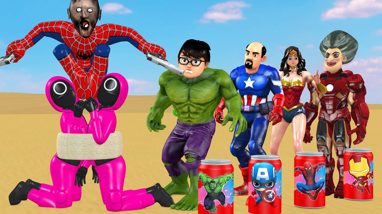 Scary Teacher 3D vs Squid Game Become Superhero Fight with 2 squid Boss 5 Time Challenge Who winner?
