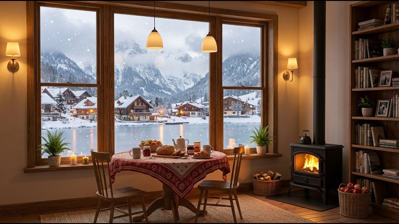 Soft Piano Jazz | Cozy Fireplace ❄️ Snowy Alpine Village View