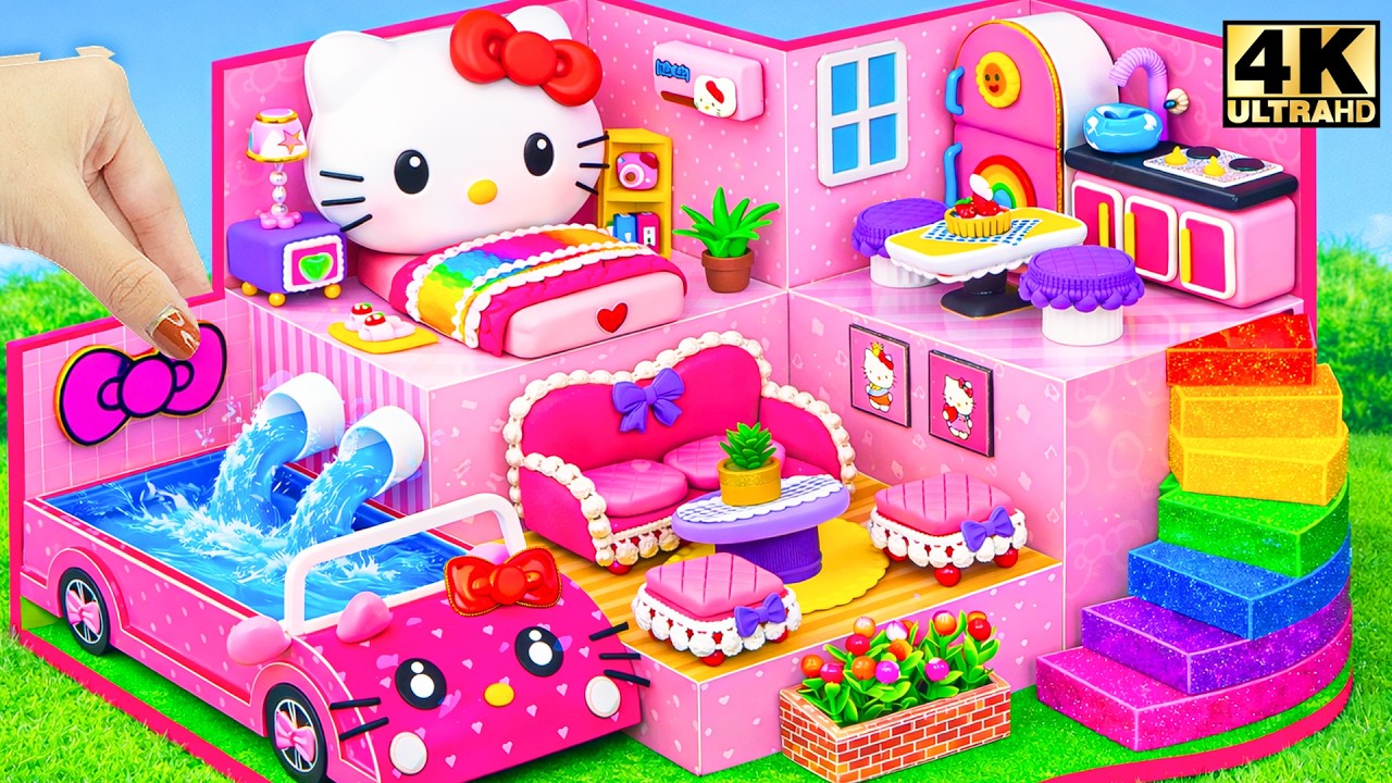 Make Amazing Hello Kitty House with Pink Bedroom, Car Pool & Rainbow Stairs 💗 DIY Miniature House