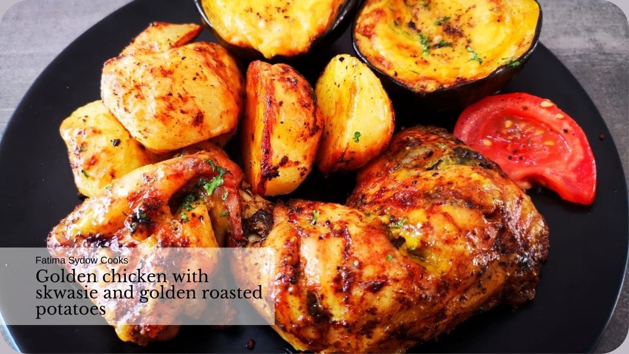 GOLDEN ROASTED CHICKEN, POTATOES AND SKWASIES. 🥔🍗✨