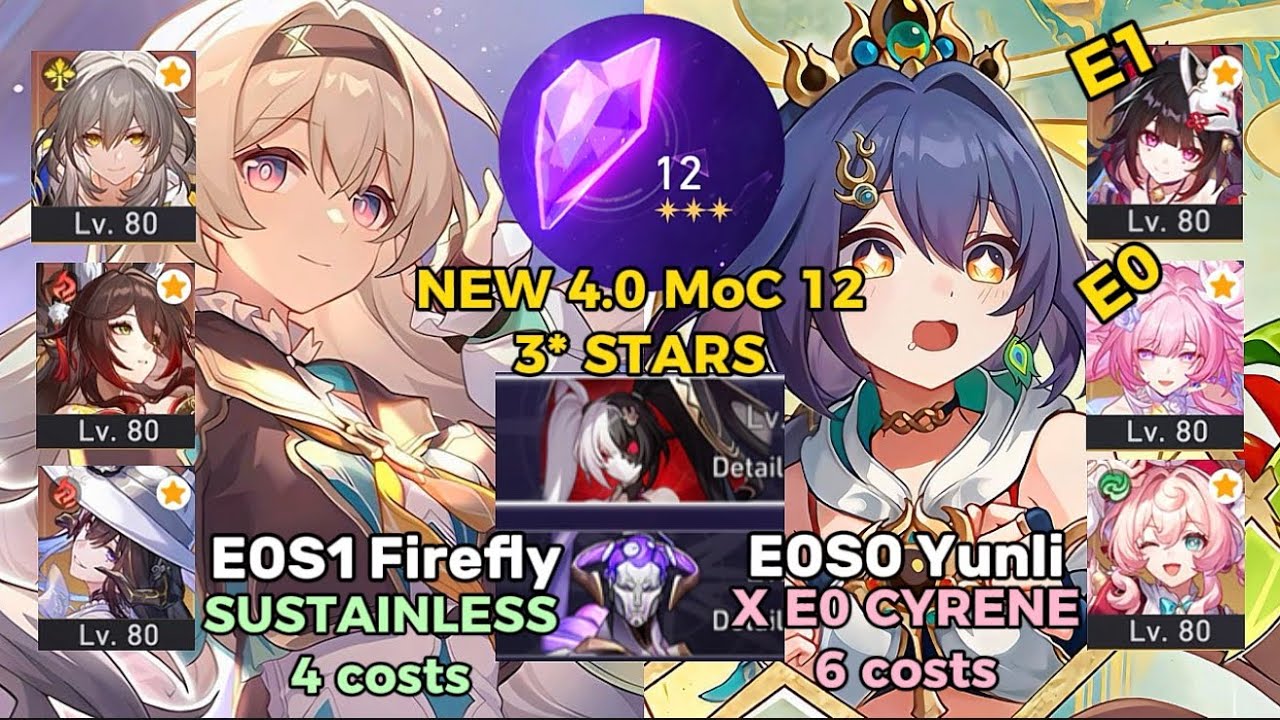 E0S1 Firefly Sustainless & E0S0 Yunli x E0 Cyrene | NEW 4.0 Memory of Chaos Floor 12 (3 stars) | Hsr