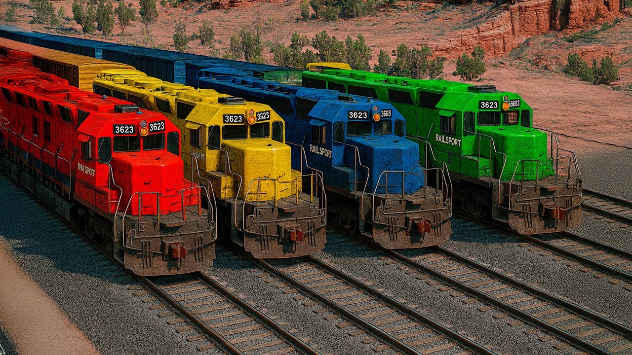 Quadruple Colorful Train Vs Straight Impossible Weird Trap Rail Track Crossing Desert | BeamNG.drive