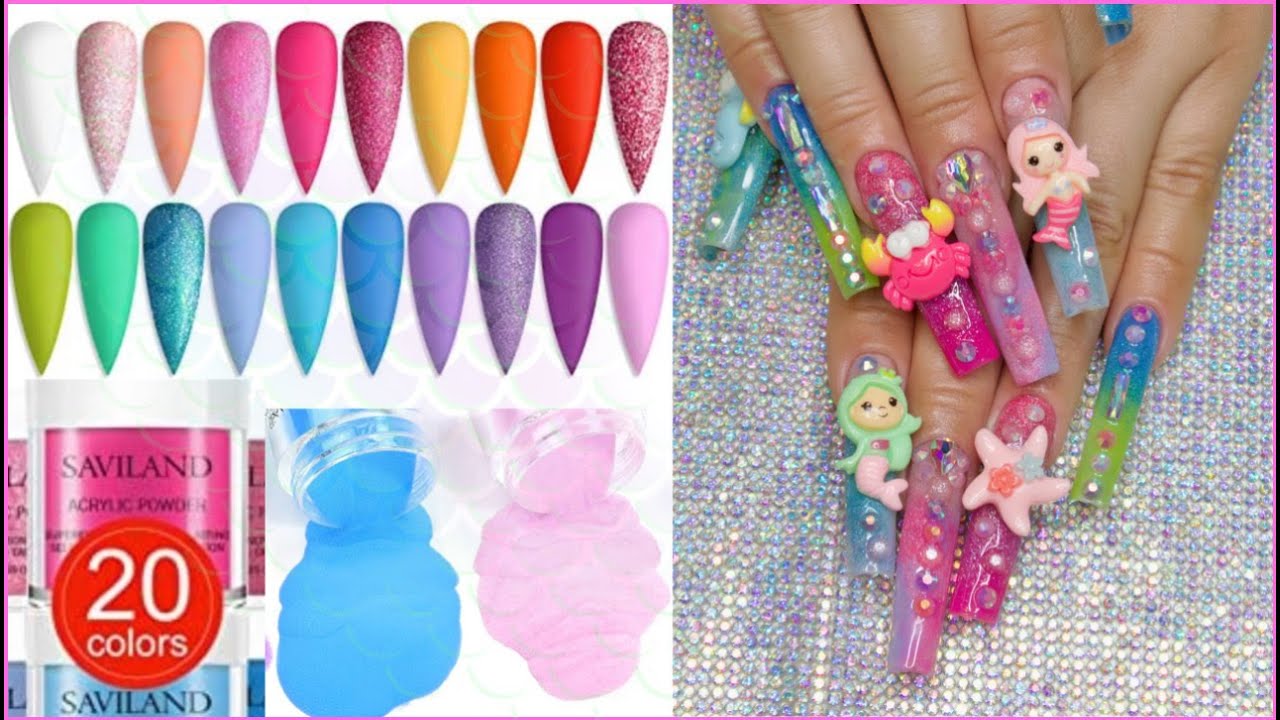 Cute Colorful Mermaid Glitter Ombré Marble Nails + Saviland Music Festival Acrylic Powder Kit Review