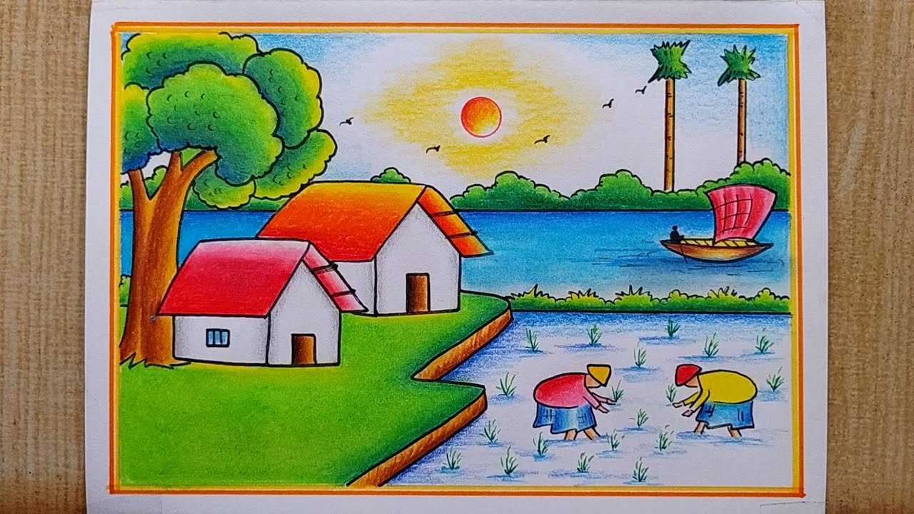 Very Easy scenery drawing| Paddy Field With Farmer Scenery drawing| Village scenery drawing