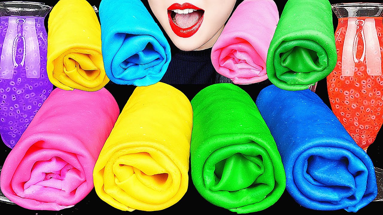 ASMR EDIBLE TOWEL CREPE CAKES, RAINBOW DESSERTS EATING, EDIBLE FROG EGGS DRINKING SOUNDS 신기한 물 먹방