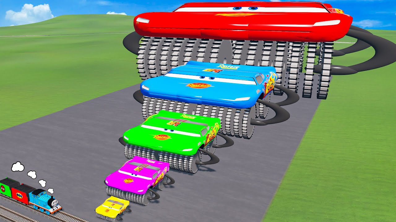 Big & Small Colors McQueen Wide with Monster Saw wheels VS Train | BeamNG.drive