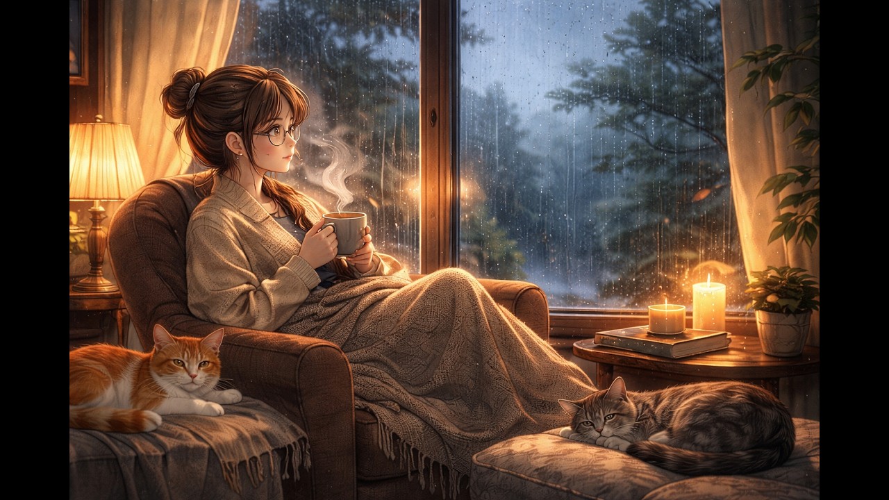 Burnout Recovery Rain ☕ Cozy Room with Tea and Cats | 3 Hours Rain Sounds