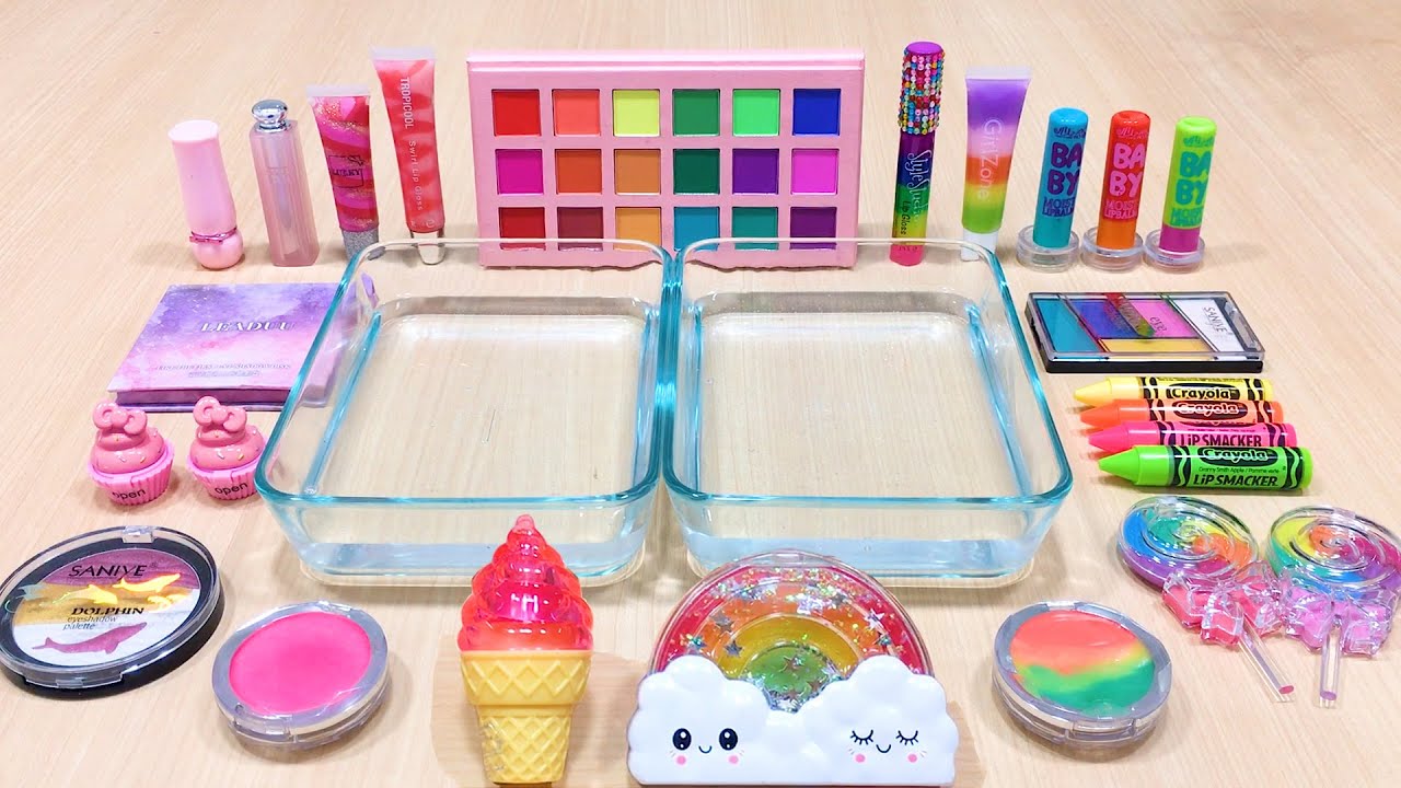 PINK vs RAINBOW | Mixing Makeup Eyeshadow into Clear Slime | Relaxing Slime Videos #781