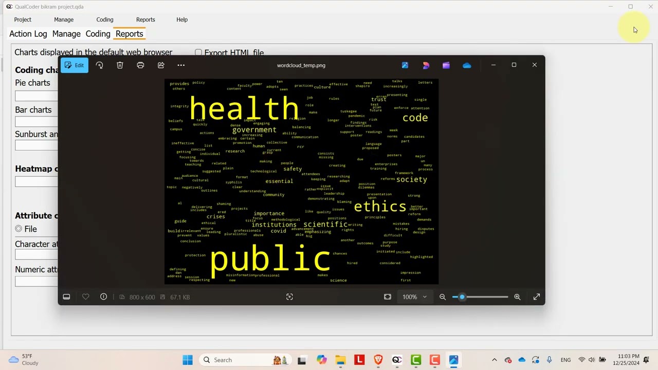 How to generate report, charts, word cloud and export them ? || Qualcoder || Part-5