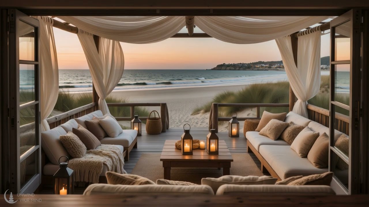 Private Beach House at Sunset with Relaxing Jazz and Ocean Waves