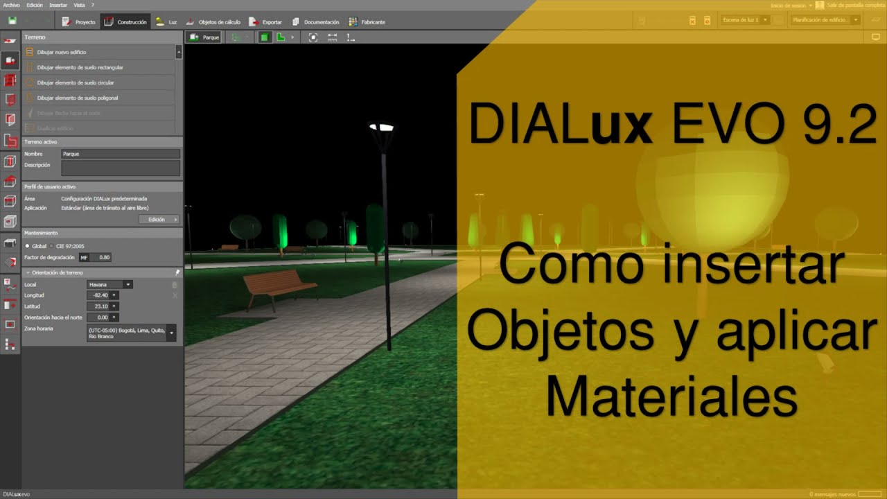 Como insertar los objetos y aplicar los materiales al parque en DIALux EVO 9.2