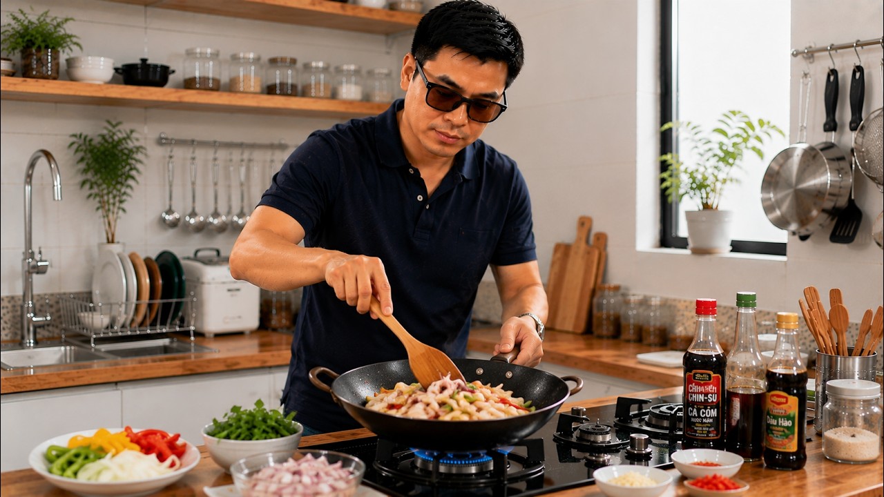 Mực xào hành tây ớt chuông