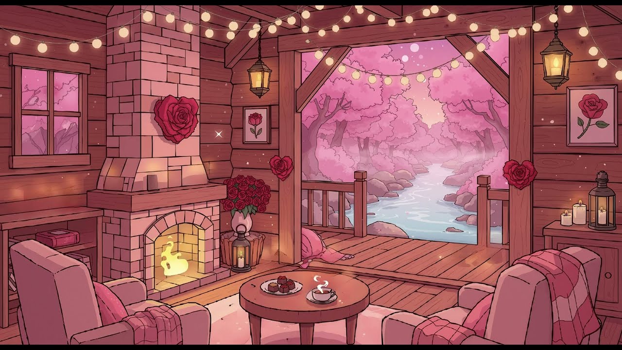 Dreamy Pink Valentine Cabin 🌸 Lofi Beats by the Cozy Fireplace for Focus and Relaxation Vibes
