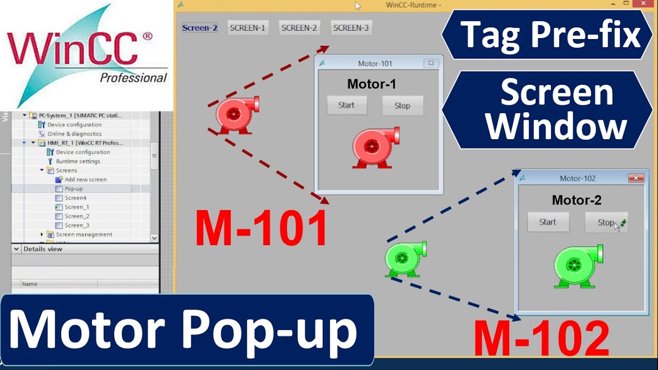 Motor Popup in TIA Portal RT Professional | Screen window configuration & Tag Prefix | Hindi