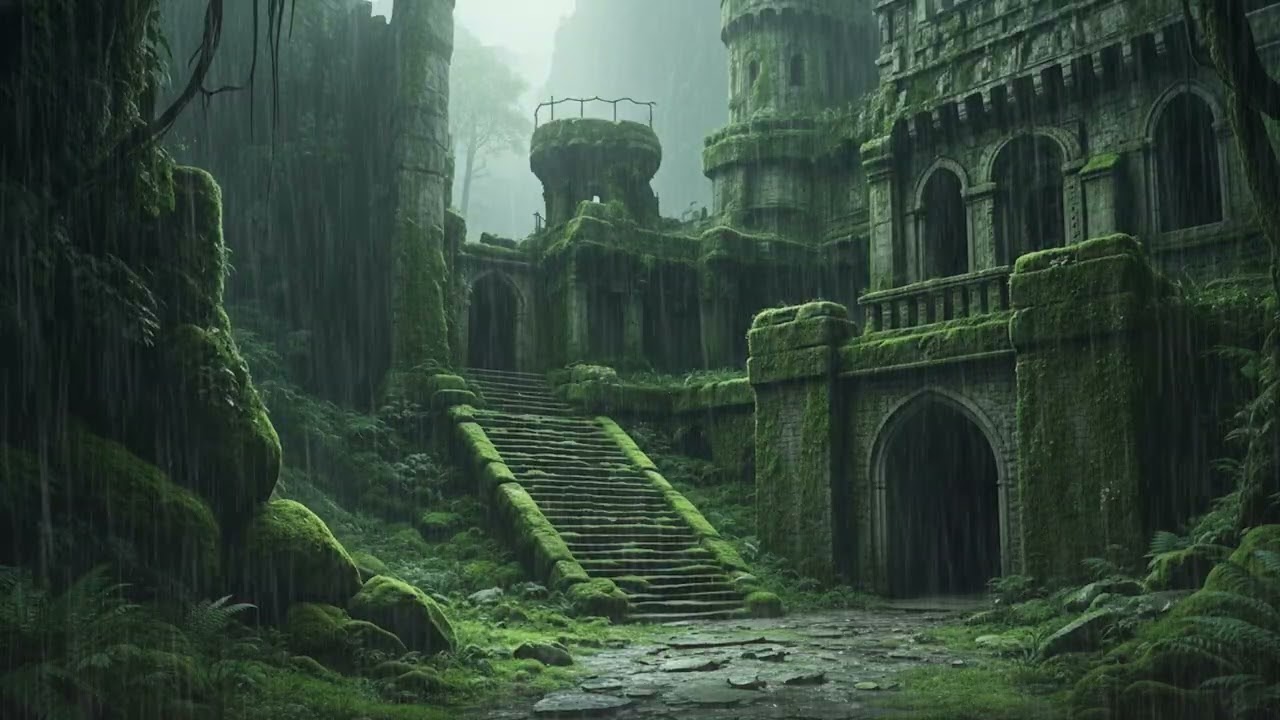 Peaceful Medieval Castle Courtyard Rain at Night  Deep Sleep & Relaxing Ambience